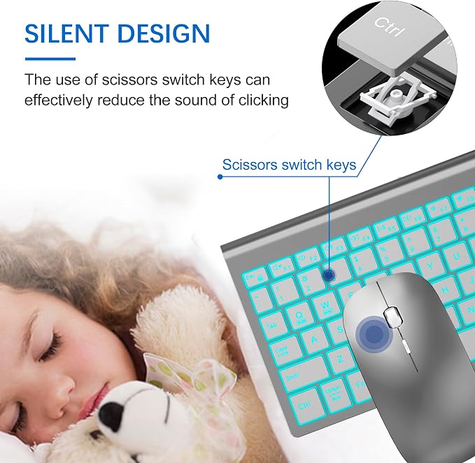 Wireless Backlit Keyboard and Mouse Ultra Slim Combo, TopMate - Gray Silver | 2.4G Silent Compact 2400DPI Mouse and Scissor Switch Keyboard Set, Batteries Included, for PC/Laptop/Windows/Mac/Gaming