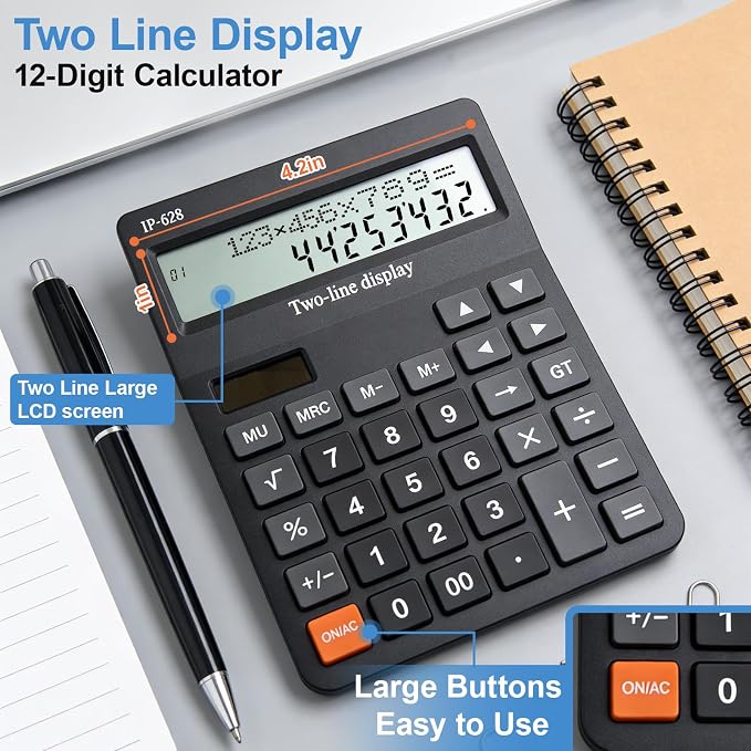 Calculators Desktop,Solar Desk Calculator with Large 2 Line Display, Basic Calculator with Big Button, 4 Function Calculator for Business, Students, Office Supplies (Black)