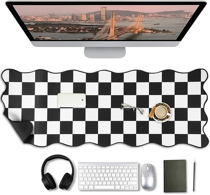 1 Pcs Black Scalloped Checkered Desk Mat 31.5 x 11.8 Inch Large Cute Mouse Pad Computer Mat Non Slip Waterproof Rubber Base with Border Stitching Soft Keyboard Pad for Home Office Gaming Makeup