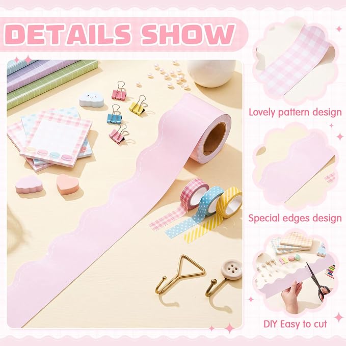 2 Rolls 65.6ft Pink Gingham Bulletin Board Borders Decoration Pink Checkered and Straight Edge Bulletin Borders Board Trim for Office School Classroom Chalkboard Party Decoration