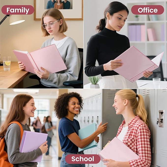 SUNEE 3 Ring Binder 1 Inch 4 Pack, Clear View 1" Binders Three Ring PVC-Free (Fit 8.5x11 Inches) for School or Office Supplies, Pink