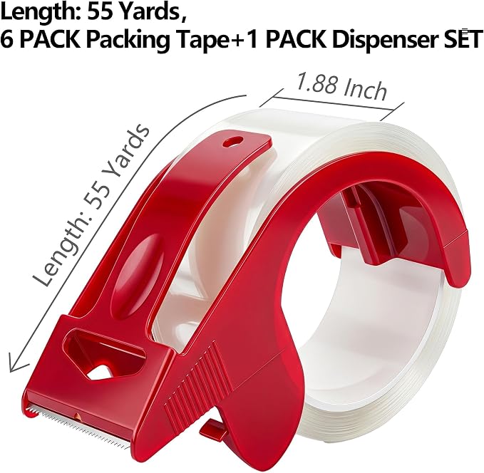 Clear Silent Packing Tape with Dispenser, 1.88 Inch x 55 Yds, 8 Rolls, 2.4mil, Heavy Duty Shipping Tape for Moving, Packaging, Storage, Carton Sealing Total 440 Yards