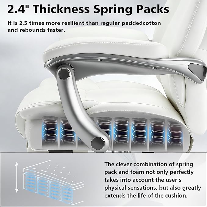 600lbs Big and Tall Office Chair for Heavy People,Heavy Duty Comfy Executive Office Desk Chair with Adjustable Lumbar Support,High Back Reclining PU Leather Computer Chair (Classic, White)