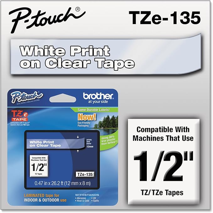 Brother Laminated Tape, Retail Packaging, 1/2 Inch, White, on Clear (TZe135)