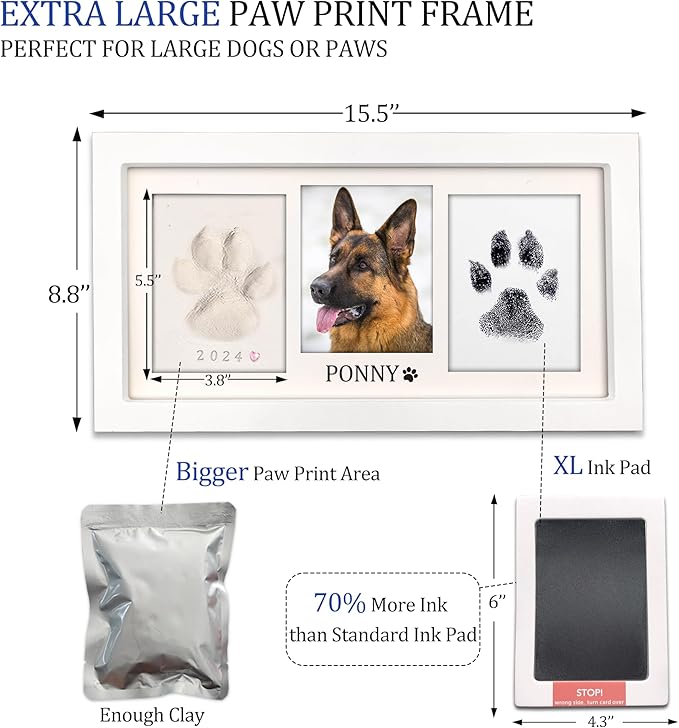 MYPAWLETS Extra Large Paw Print Frame Kit,Dog/Cat Paw Print Kit,Soft Pawprint Clay&Clean Touch Ink Pad,Pet Paw Print Impression Kit with Customization Tool,Wooden Pet Memorial Frame-White