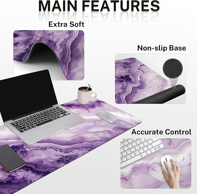 Keyboard Mouse Pad Set, 4 in 1 Desk Mat Set, Purple Pink Marble | Large Mousepad+Keyboard Wrist Rest+Mouse Wrist Rest+Coaster Ergonomic Design for Home Office Computer