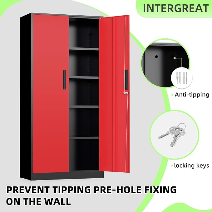 Metal Storage Cabinet, 72" Locking Steel Cabinets with 2 Door and 4 Adjustable Shelves, Tall Metal Cabinet for Home Office, Garage, Warehouse, Black Red