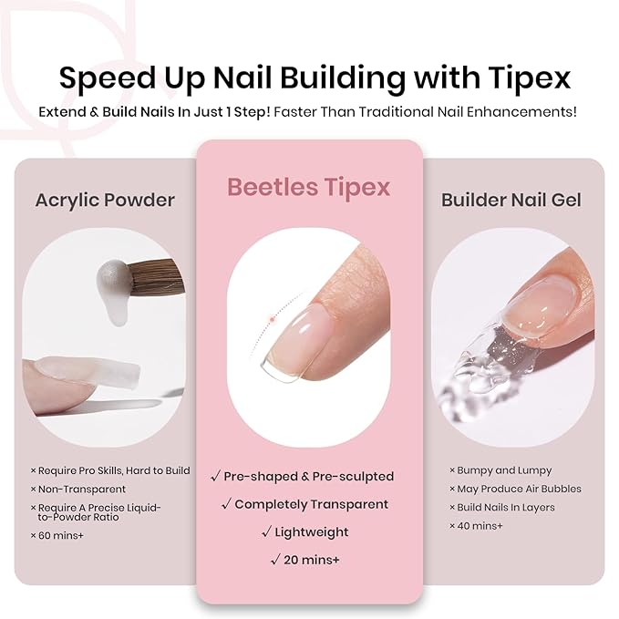 Beetles Tipex Instant Apex Nail Tips, XS Short Squoval, 16 Sizes |00–14, 192pcs, Built-In Apex, No Builder Gel Required, Thicker Strong Acrylic Tips for DIY Nail Extensions