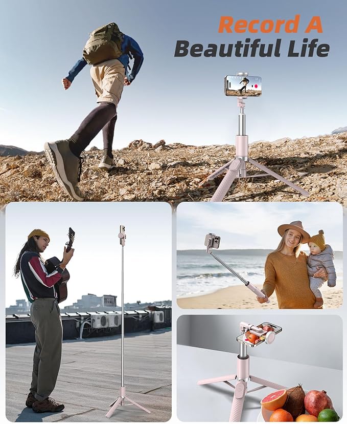 Phone Tripod & Selfie Stick with Remote, Portable, Lightweight for Video Recording Vlog, Extendable Travel Tripod Stand Compatible with iPhone Android, Pink, 62"