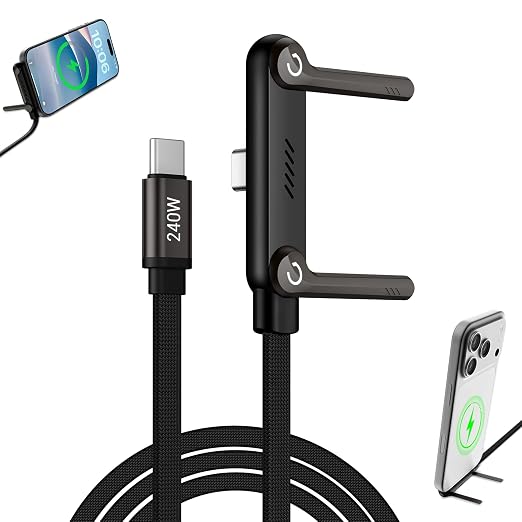 2-in-1 Invisible Stand Fast Charging Cable 240W Type-C Braided Fast Charging Cable Built-in Phone Stand 2 in 1 Phone Holder Cable for Suitable for Gaming Office and Travel Black
