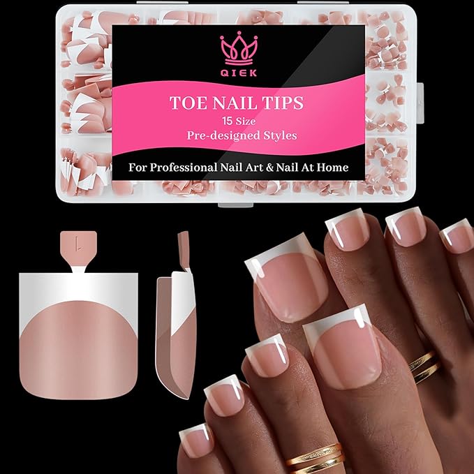 Toe Nails Press On French Tips for Women, 15 Sizes 150 Pcs Sharp Square Pre-applied Primer & Base Coat Toenail Press Ons Baby Pink Full Cover Fake Tips Extension, Builder Nail Gel & Top Coat Required