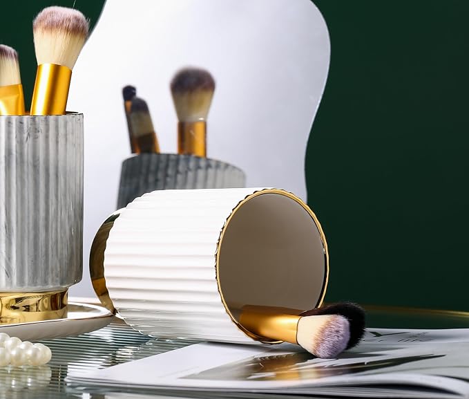 Makeup Brush holder Organizer,Glass Cosmetic Makeup Brush Cup Ceramics Brushes Storage Holder,White and Gold Modern Make Up Brush Cup Pen Pencil Holder Striped Vase