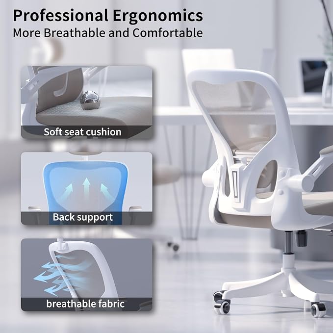 Monhey Ergonomic Office Desk Chair with Lumbar Support, High Back (Khaki) | 90°-125° Tilt Lock, 360° Swivel, Mute Wheels, High Back, Breathable Mesh, Foldable Armrests, Home Office Use