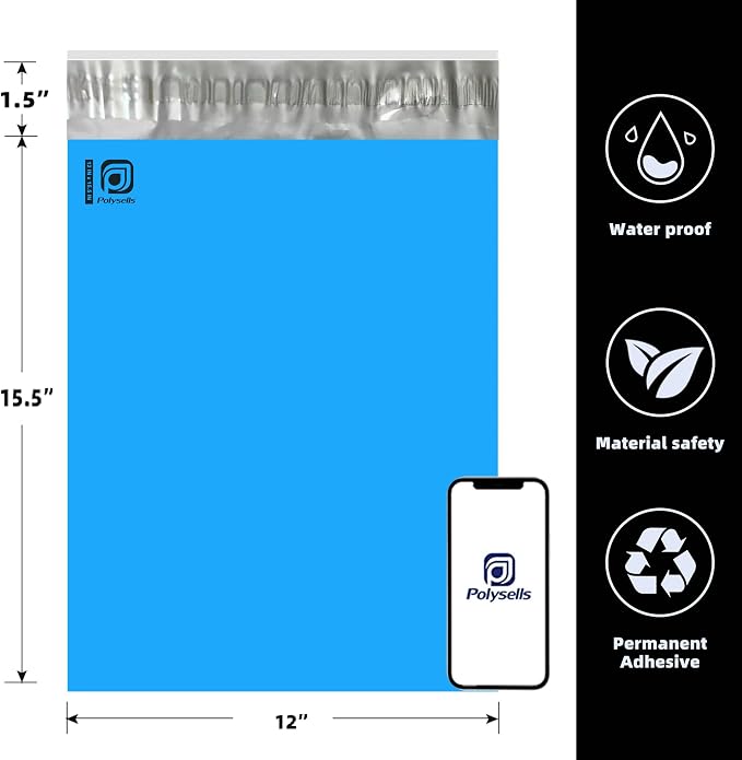 POLYSELLS 200 pcs 12x15.5 Inches Blue Poly Mailers Shipping Envelopes, Strong Adhesive Sealing, Waterproof, and Tear-resistant Postal Mailing Bags for Small Business, Clothes, Non-Fragile Items