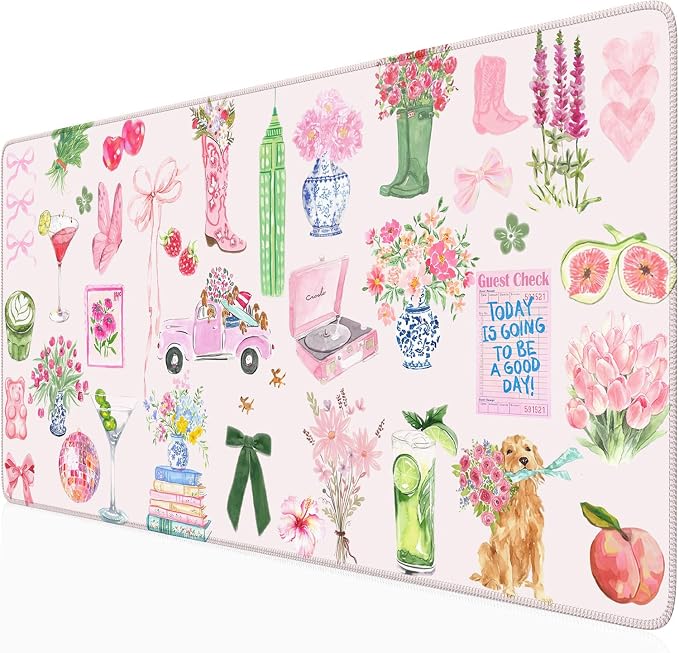 Pink Pastel Floral Desk Mat Cute Kawaii Retro Vintage XXL Large Mouse Pad Flower Desk Pad Mat Laptop Computer Keyboard and Mouse Mat Aesthetic Office Decor for Women Girl Teacher
