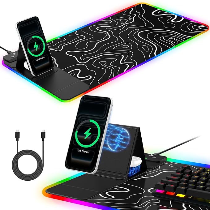 RGB Mouse Pad with Foldable Phone Stand Wireless Charger, 31.5"x11.8" XL Gaming Mousepad Large Desk Mat, Desk Pad with 11 Colors 5 Modes, Waterproof