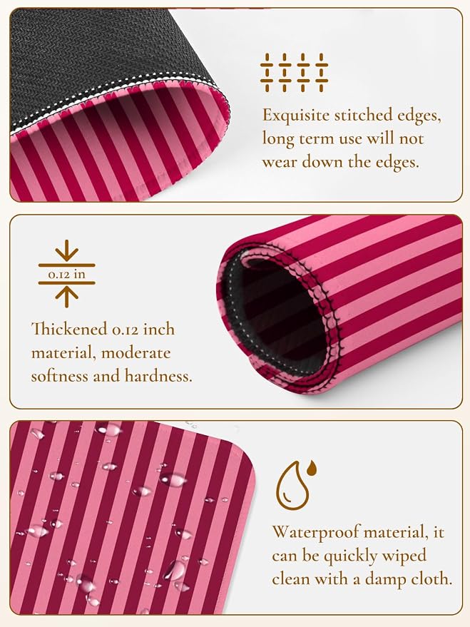 Square Cute Striped Mouse Pad with Stitched Edge, Premium Waterproof Cloth Aesthetic Small Stripe Mouse Mat, Non-Slip Rubber Base Funny Mousepad Desk Accessories,Striped Wine Red