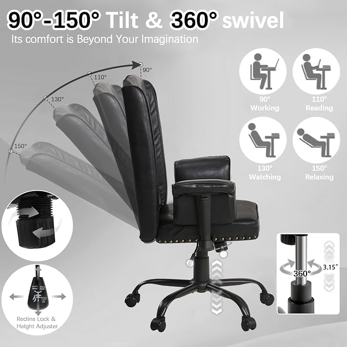 VECELO Modern Executive Office Chair with Wheels, Comfy Modern Task Chair with Adjustable Arms & Back, Ergonomic, Durable, Sturdy, Easy to Clean, Breathable Desk Chair for Home, Office, Black