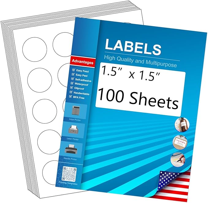 1.5" Round Blank Printable Labels, Adhesive Circles for Inkjet Printing | 20 Per Sheet, Matte White (Pack of 100)