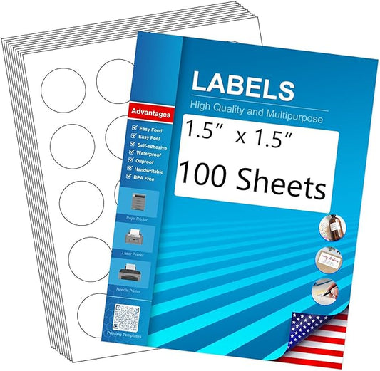 1.5" Round Blank Printable Labels, Adhesive Circles for Inkjet Printing | 20 Per Sheet, Matte White (Pack of 100)