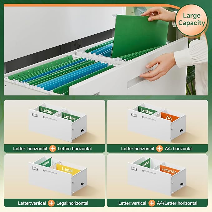 2 Drawer File Cabinet with Lock,Metal Lateral Filing Cabinet for Home Office,Hanging Letter/Legal/A4 Size (White, H27.95×W28.35×D15.74)
