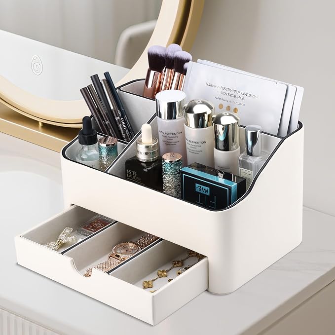 PU Leather Desk Organizer with Drawer, 5 Compartments Desktop Storage Caddy for Office Home Supplies, Pen Holder for Remote Control, Phone & Accessories, Mail Organizer Countertop Ivory White