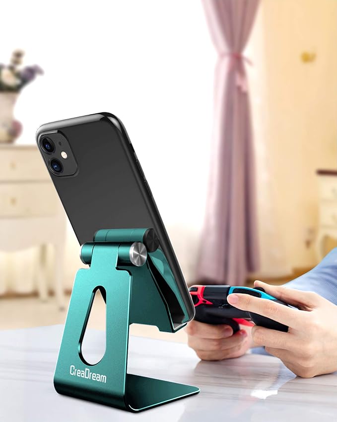 CreaDream Aluminum Cell Phone Stand, Adjustable Phone Holder for Desk | Adjustable Viewing Angle, Desktop Stand, Stable Base, Fits iPhone 17 16 15 14 13 Pro Max Desk Accessories, Midnight Green