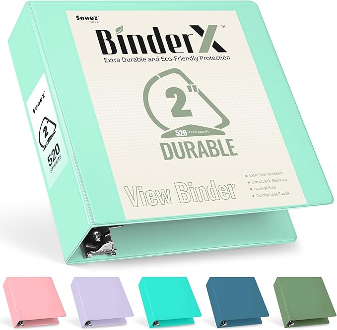 Sooez BinderX Extra Durable 2 Inch 3-Ring Binder, Holds 520 Sheets of 8.5x11 Paper, Customizable View Cover with Inside Pockets, Heavy Duty Binder for School, Light Green