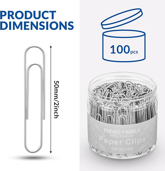 Jumbo Paper Clips, 2 Inch Paper Clip, 100 pcs Large Paperclips (Jumbo, Silver)