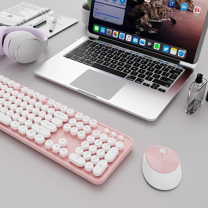 Wireless Keyboard and Mouse Combo, Ergonomic Full Size Typewriter Retro Round Keycaps Keyboard, Compatible with Windows, PC, Perfer for Home and Office Keyboards (Lovely Pink)