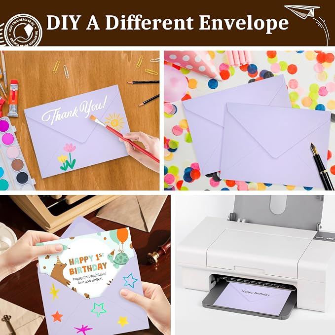 100 Pack A7 Envelopes, Light Purple Greeting Card Envelopes Self Seal, 5.24 x 7.24 in Envelopes for Birthday Graduation Baby Shower Wedding Invitation Cards