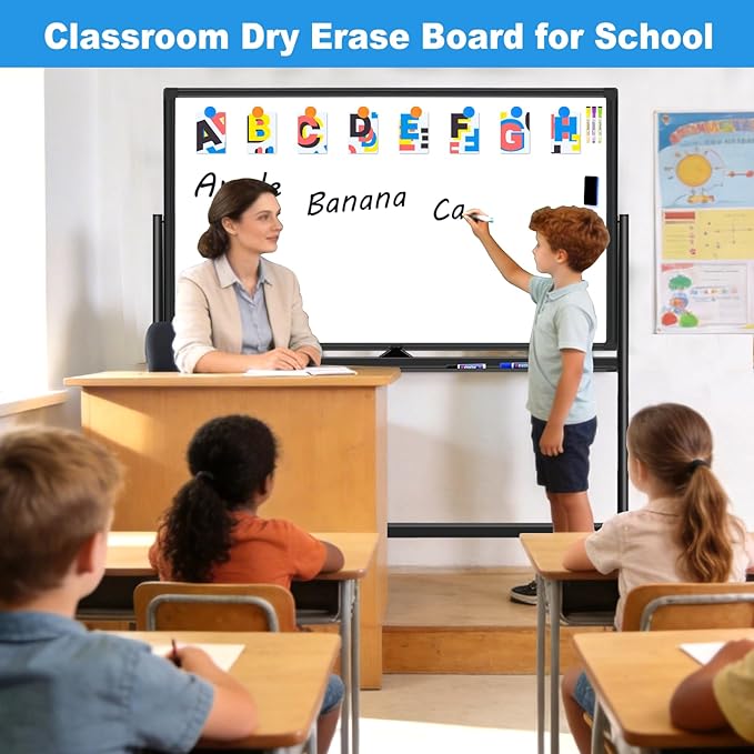 Magnetic Dry Erase Board with Stand, Double-Sided 36"x24" White Board with Stand, Mobile Whiteboard Rolling Whiteboard on Wheels for Kids & Adults, 2 Eraser, 10 Markers, 12 Magnets