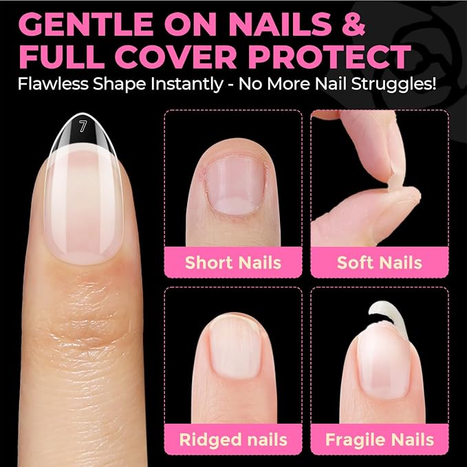 UNA GELLA Short Almond Nail Tips 504PCS Short Fake Nails Soft Press Ons | Gel Nail Tips Pre Shaped Almond Shape Home Nail Extension Full Cover, 12 Sizes Acrylic Gelly Tips