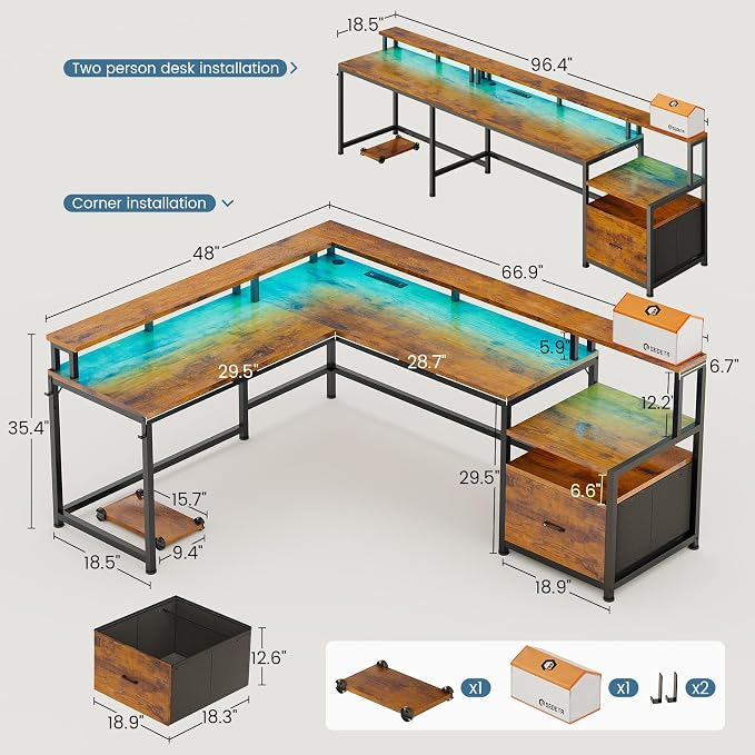 SEDETA 66" Reversible L Shaped Office Desk with Power Outlet, File Drawer | Home Office Computer Desk with Monitor Shelf, Storage Shelves, LED Lights, Rustic Brown for Corner Small Spaces