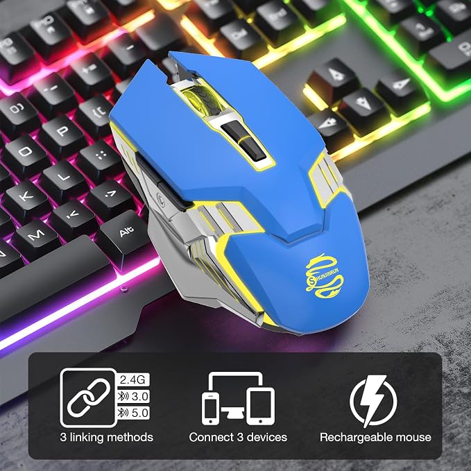 3-Mode RGB Silent Rechargeable Wireless Gaming Mouse Blue | BT5.0/BT3.0+2.4G connection, RGB backlight & quiet click, for gaming office, compatible with Laptop, PC, Mac, iPad & Tablet