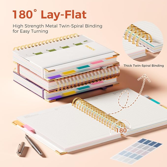Line Hardcover Spiral Notebook with Removable Dividers Tabs & Ruler, 5 Subject Notebook College Ruled, 300 Page, Large 8"x10" B5 Notebooks for Work School, Lined Journal for Women & Men, White