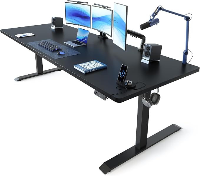 FEZIBO Standing Desk 83 × 37 Inch Electric Height Adjustable, Black | 1" Thick Large Adjustable Desk with Integrated Dual-Beam, Cable Management, Computer Desk for Home Office Workstation