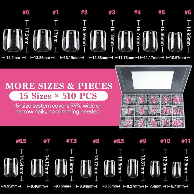 Extra Short Square False Nail Tips, 15 Sizes 510 PCS Clear French Press On Fake Nail Pre-shaped Half Matte Full Cover Gel Nail Tip Extensions Thick Long Lasting for DIY Beginners & Salon Manicure