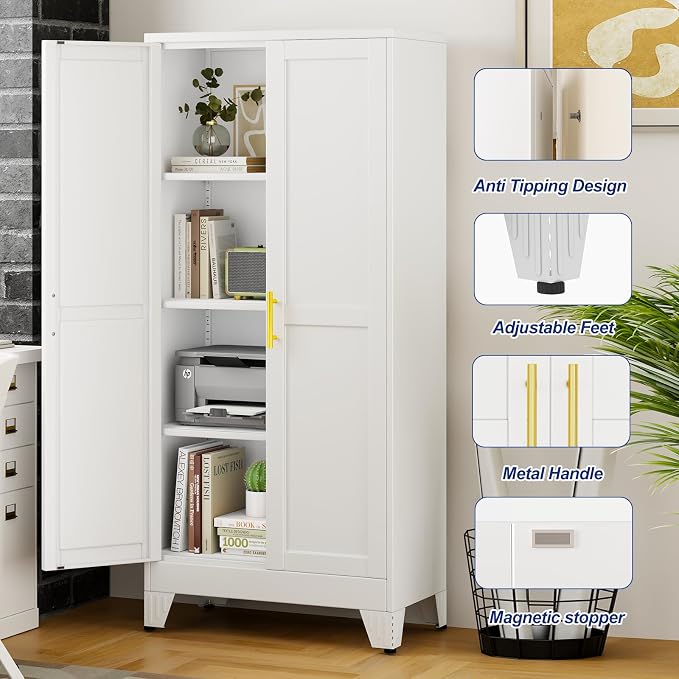 Metal Storage Cabinet with 2 Doors and 3 Adjustable Shelves - 61" Steel File Cabinet,Tool Cabinets for Office,Home,Garage,Gym,School,Bathroom,Kitchen(White)