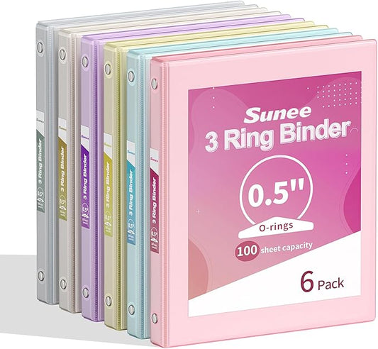 SUNEE 1/2 Inch Binders 3 Ring 6 Pack, 3 Ring Binders Clear View PVC-Free Bulk (Fit 8.5x11 Inches) for School or Office Supplies, Pastel Binder