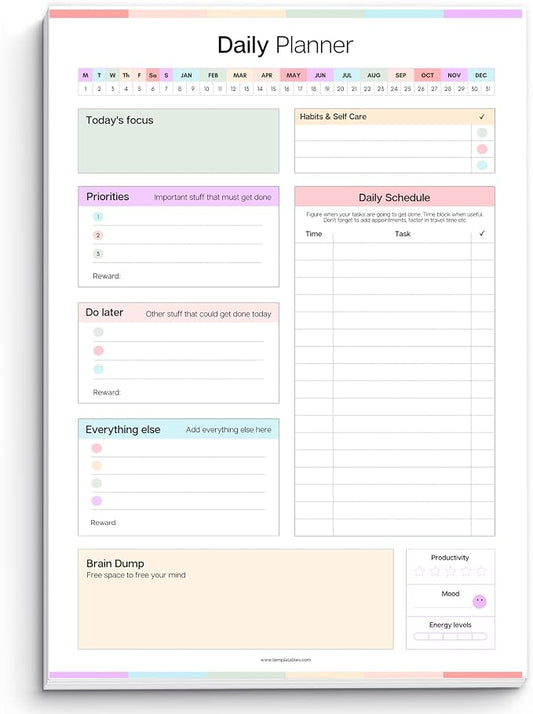 ADHD Daily Planner Notepad for Neurodivergent Adults - Productivity Daily Planner Desk Pad & Task Management to Stay Organized and Focused Note Pad (Rainbow, A4 Portrait)