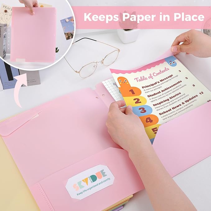 SKYDUE Plastic Folders with Pockets, 6 Pack File Folders with Tabs & Stay-Put Flaps, 3 Hole Punch 2 Pocket Folders for 3 Ring Binder, Letter Size Document Organizer for School Office, Sweet Pastels