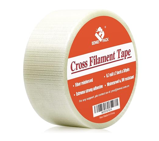 BOMEI PACK Transparent Bi-Directional Filament Strapping Tape, 6.7 Mil x 2 Inch x 30yds, Fiberglass Reinforced Tape
