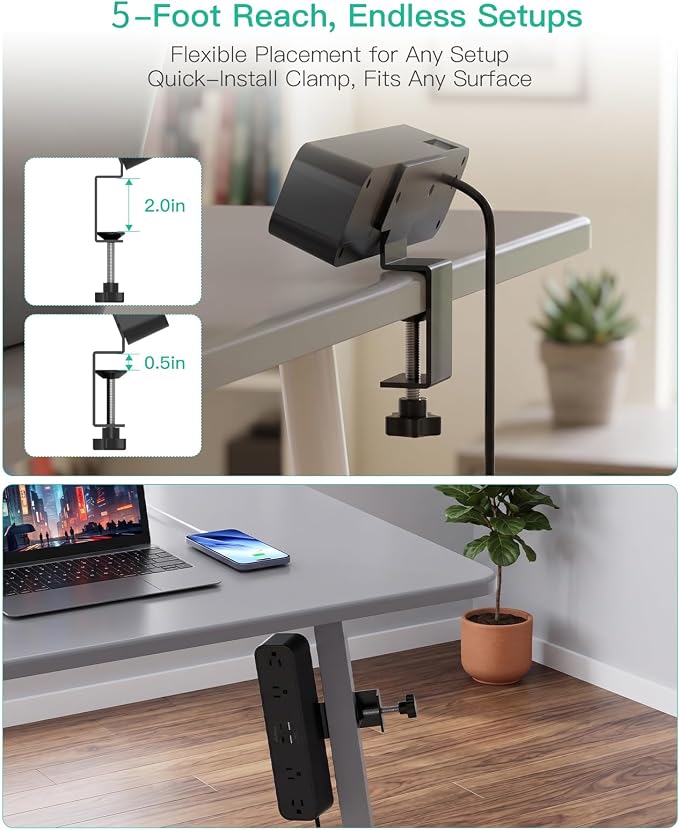 Mifaso PD20W USB C Desk Clamp Power Strip, 1080J Surge Protector | 4 Outlets, 4 USB (2 USBC), 5FT Extension Cord, Desk Organizer Gaming Accessories Office Essentials, Fits 1.96" Edge, Black