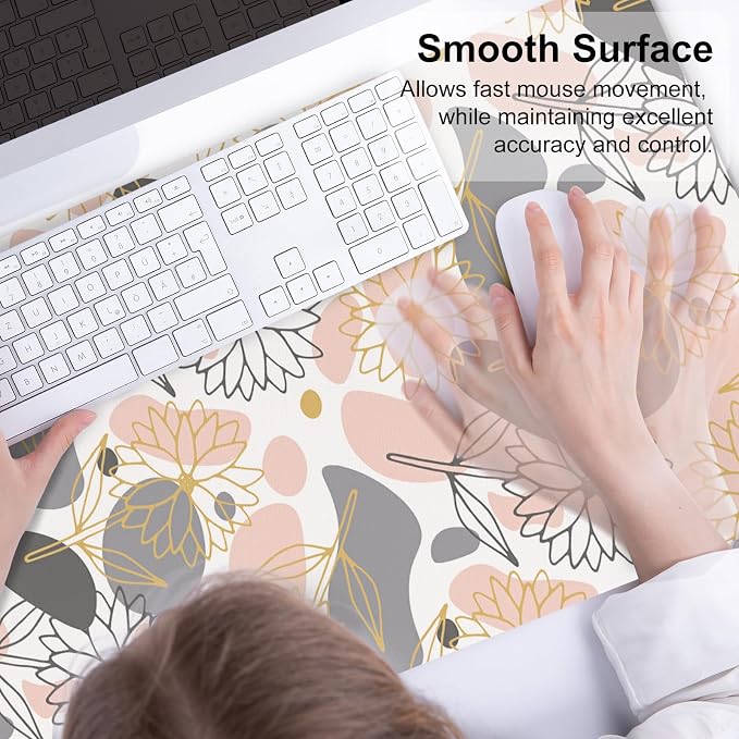QIYI PU Leather Large Mouse Pad, Waterproof Desk Mat, 31.5" x 15.7", Petals | Extended Size Gaming Mousepad, Faux Leather Desk Pad, Desktop Writing Pads for School Office Home, Line Art Flowers