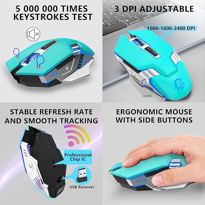3-Mode RGB Silent Rechargeable Wireless Gaming Mouse Green | BT5.0/BT3.0+2.4G connection, RGB backlight & quiet click, for gaming office, compatible with Laptop, PC, Mac, iPad & Tablet