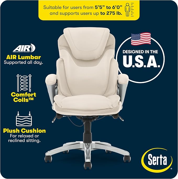 Serta Bryce Executive Office Chair - Ergonomic Computer DeskChair with Lumbar Technology - Adjustable Height - Memory Foam Body Pillows - 360° Swivel Rolling Base - Bonded Leather - Cream