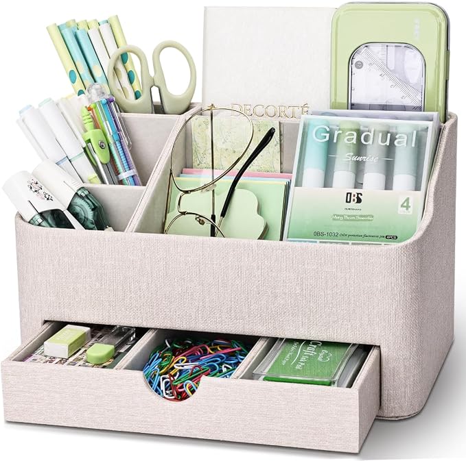 PU Leather Desk Organizer with Drawer, 5 Compartments Desktop Storage Caddy for Office & Home Supplies, Pen Holder for Remote Control, Phone & Accessories, Mail Organizer Countertop(Beige)