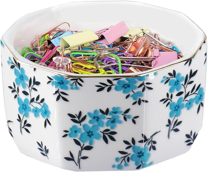Ceramic Paper Clip Holder With Shiny Gold Line Marble Floral Paper Clip Dispenser for Desk Cute Flowers Paper Clip Organizer Office Binder Clip Holder Gift for Office (Teal Blue)