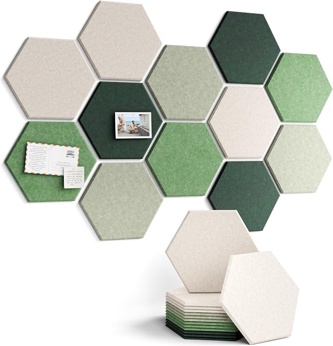 Fluxynara 12-Pack Hexagon Felt Bulletin Board Tiles, Sagewood | Cork Board Alternative with 60 Adhesive Tabs for Notes, Photos and Reminders in Home Offices, Dorm and Classrooms